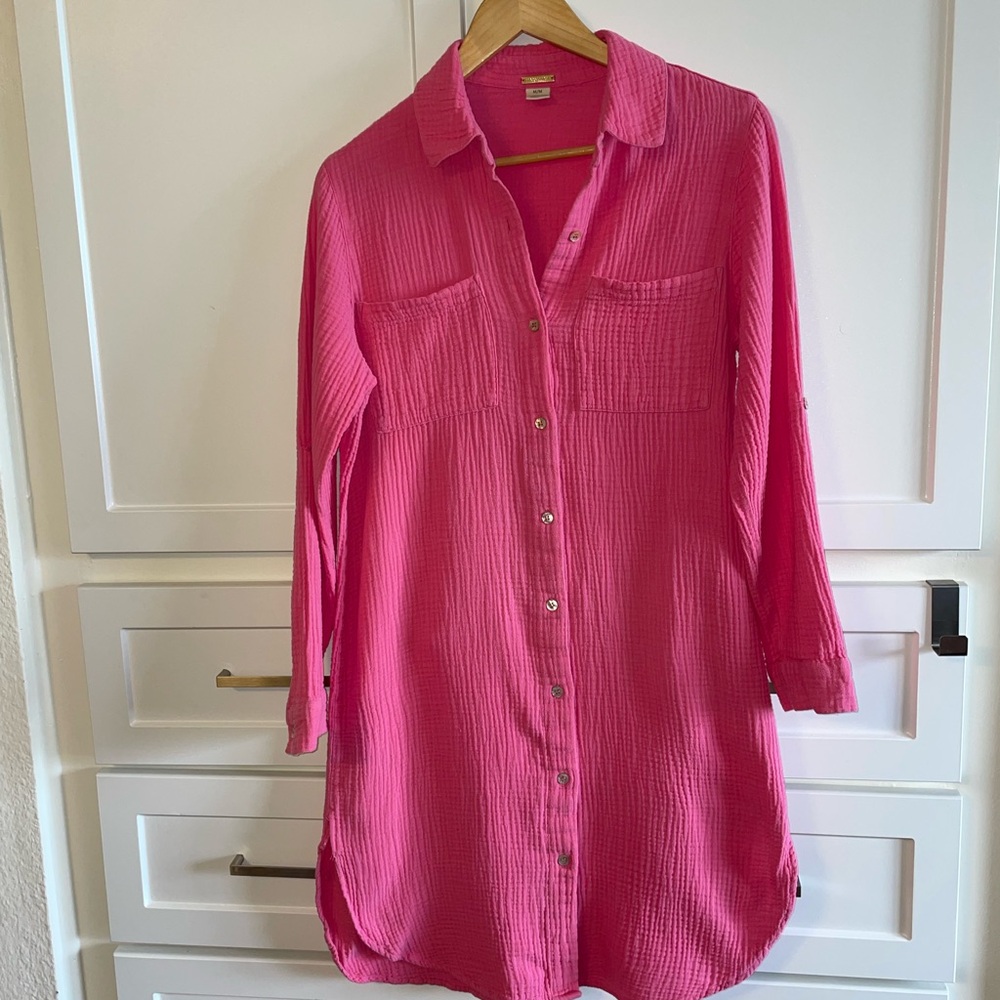 Magaschoni Organic Cotton Pink Button-Up Shirt Dress Beach Cover all